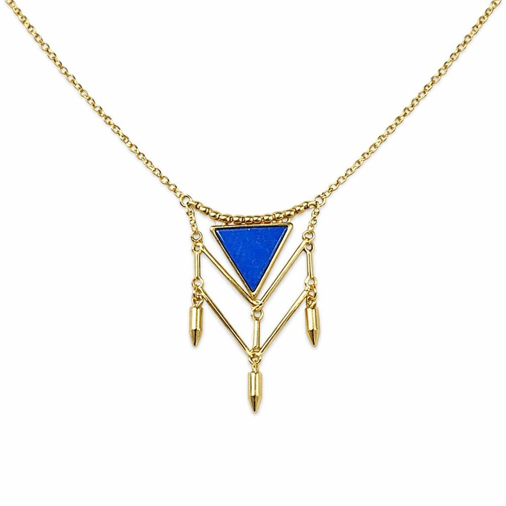 Geometric Blue Triangle Pendant 28" - 30" Necklace Gold Tone Chain Boho Modern